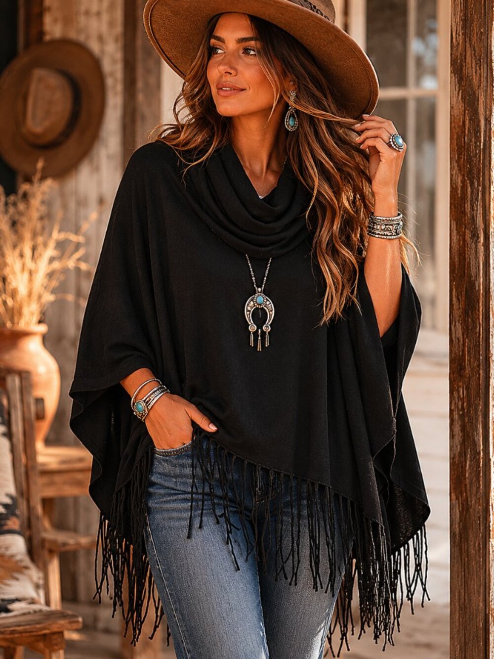 Lovestitch Women's Black Cowl-Neck Knit Poncho OS Fringed Boho Western Witchy
